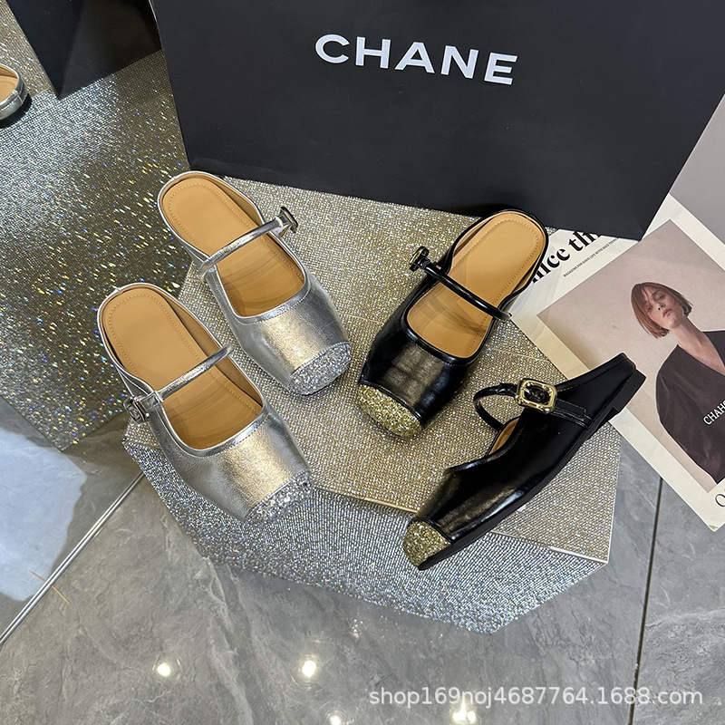 217-2加宽加肥大码女鞋银色包头半拖鞋女夏季软底温柔穆勤鞋凉拖