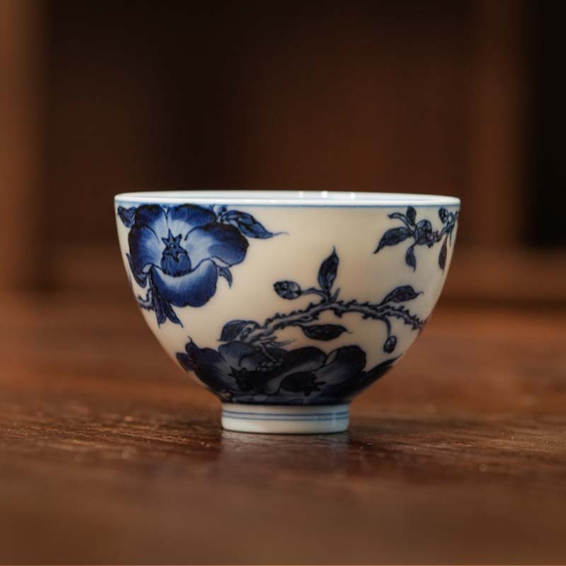 青花花卉鸡心杯茶具纯手工中式主人杯家用
