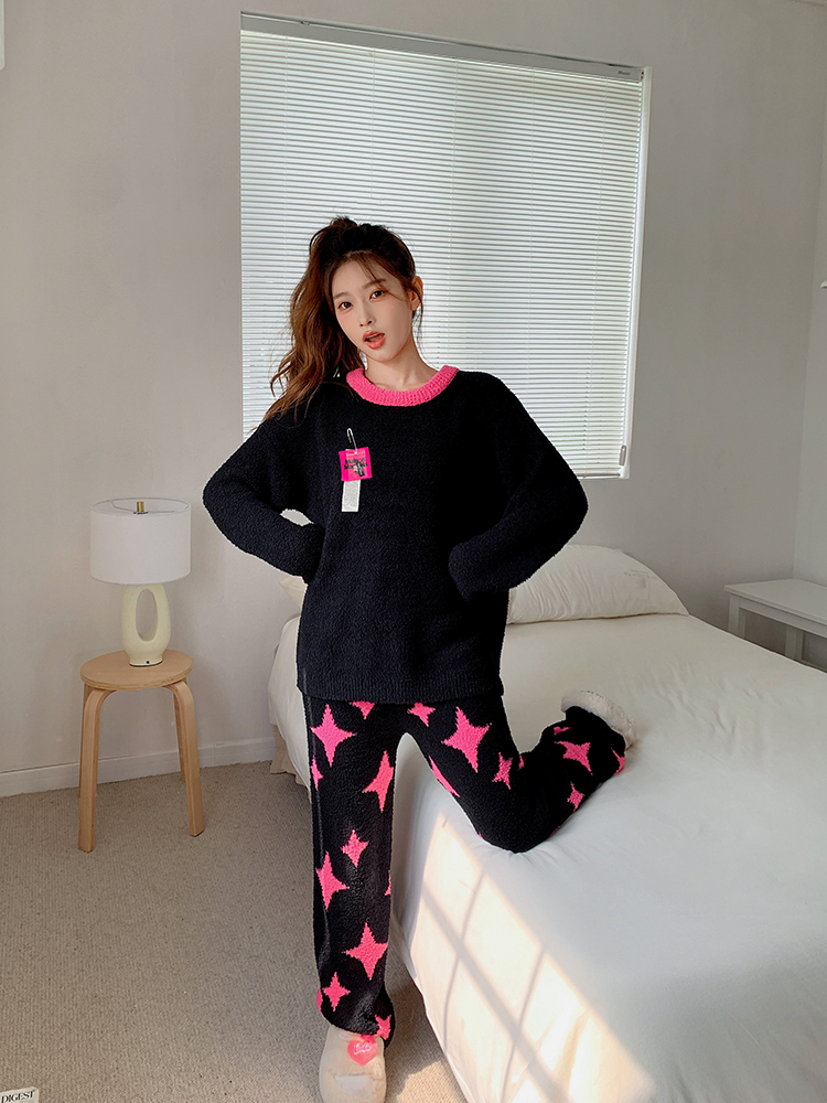 莫里伊【玫红撞色星星】小众时尚设计可外穿保暖睡衣家居服