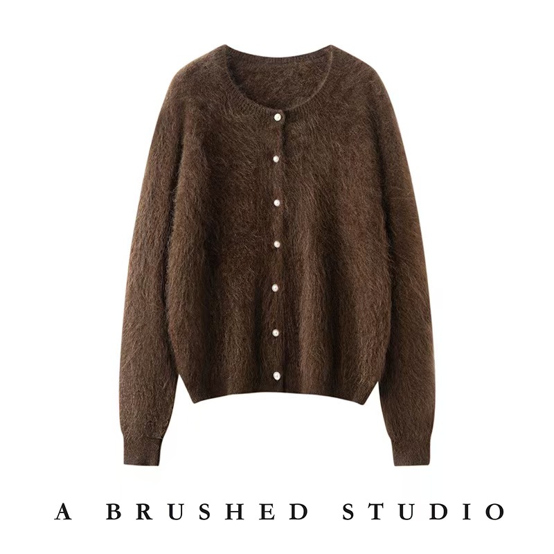 【老钱风】羊绒衫法式长袖拉绒山羊绒开衫圆领复古女珍珠扣