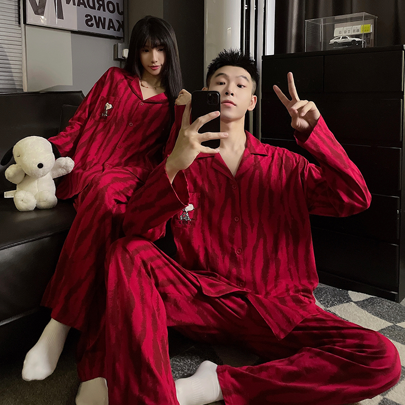 【圣诞专属】红色喜庆情侣睡衣女春秋纯棉长袖卡通史努比男士家居服