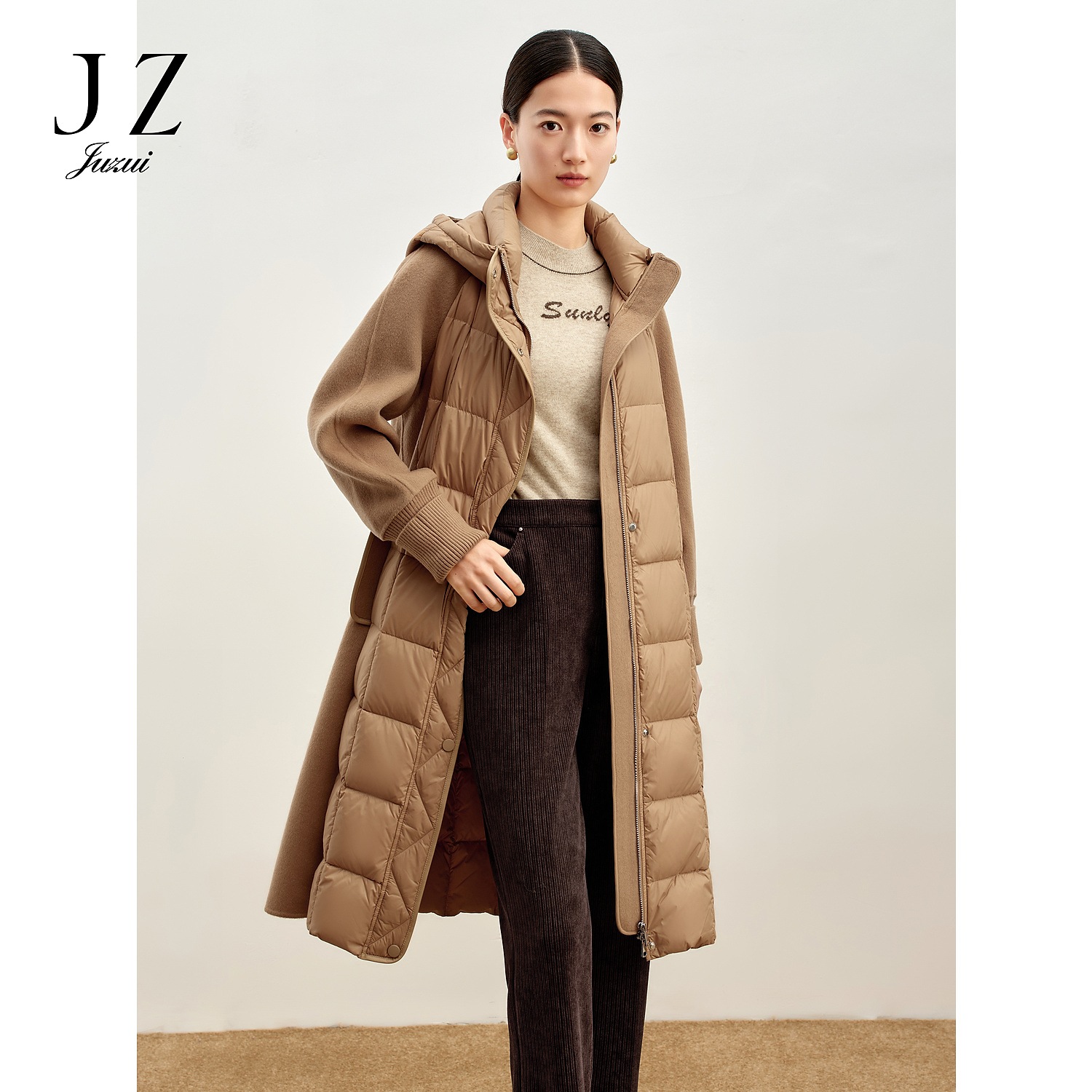 商场同款JZ玖姿拼接连帽长款白鸭绒羽绒女2023冬季新款JWDD03107