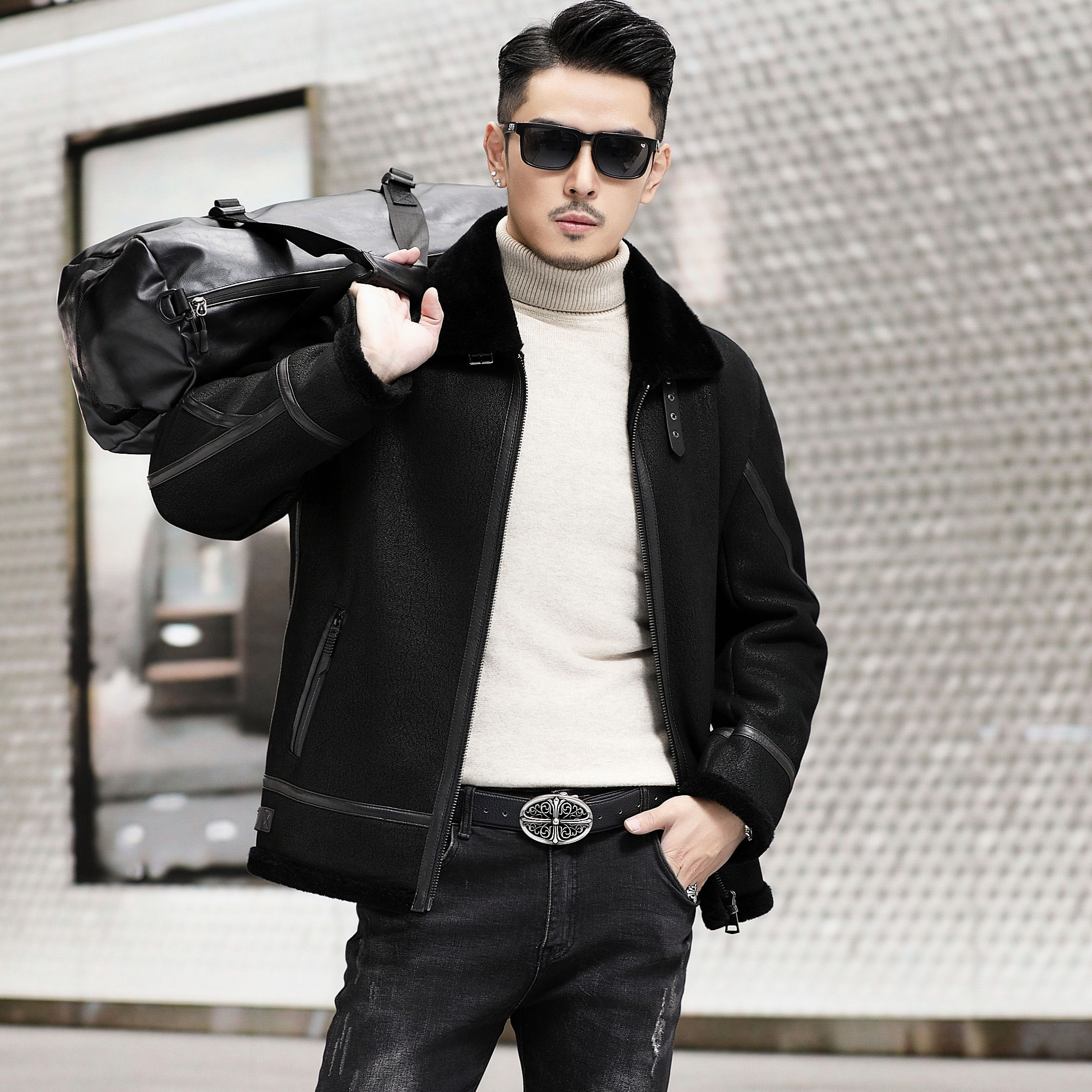 皮毛一体海宁男士外套秋冬加厚真皮真毛皮夹克休闲立翻领短款拉链