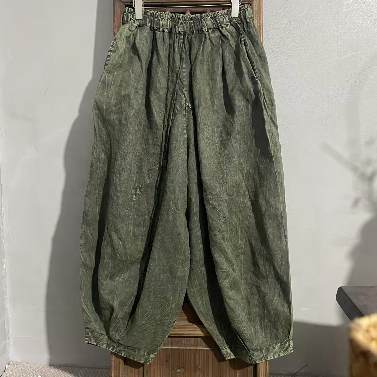 MX718亚麻95公分复古风麻料炒色南瓜裤休闲百搭宽松文艺灯笼裤