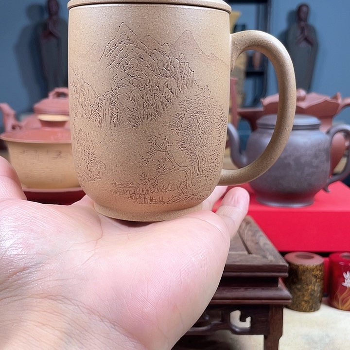 茶杯紫砂紫砂山水盖杯微瑕