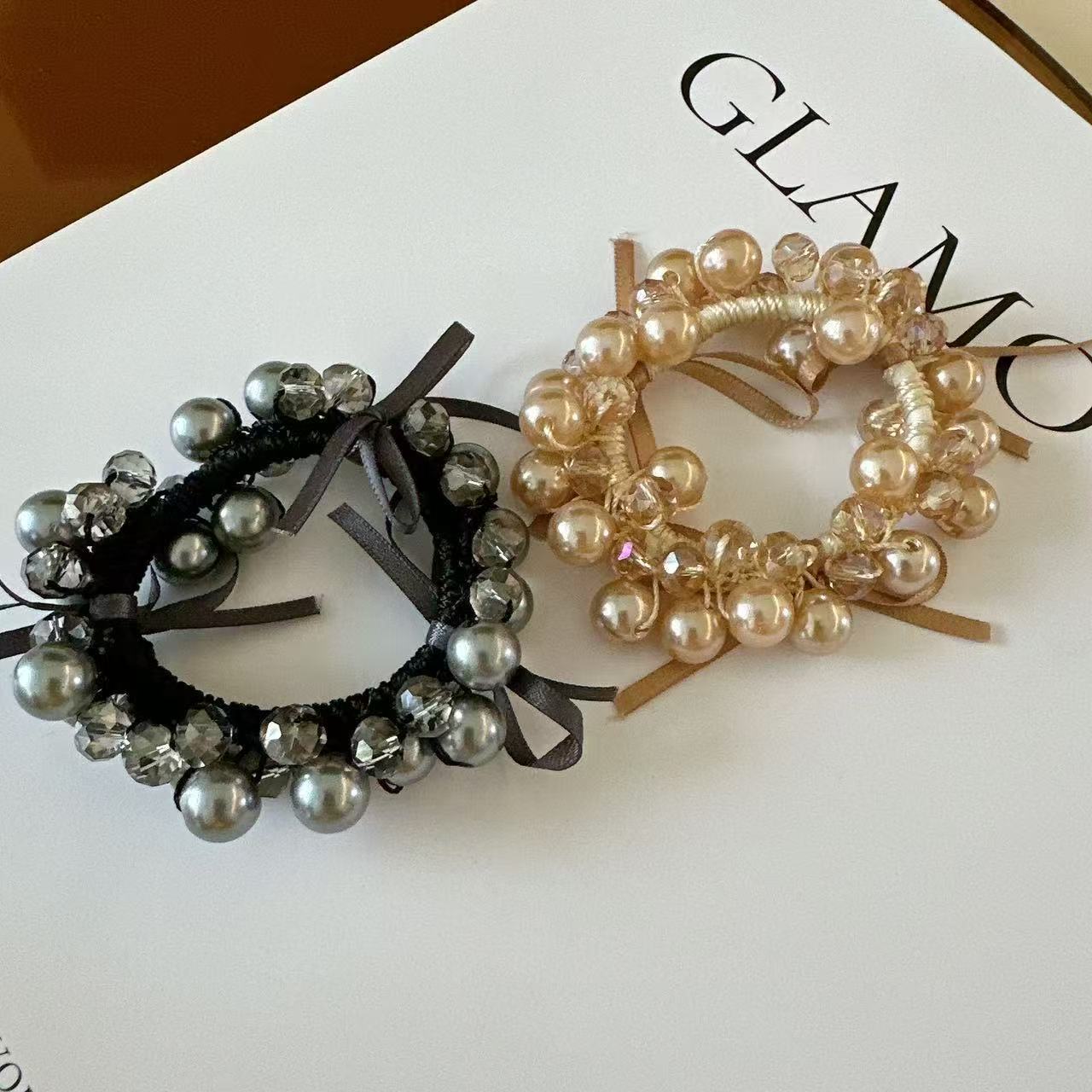 高级感精致珠珠蝴蝶结发圈头绳2025新款轻奢气质皮筋女扎马尾头花