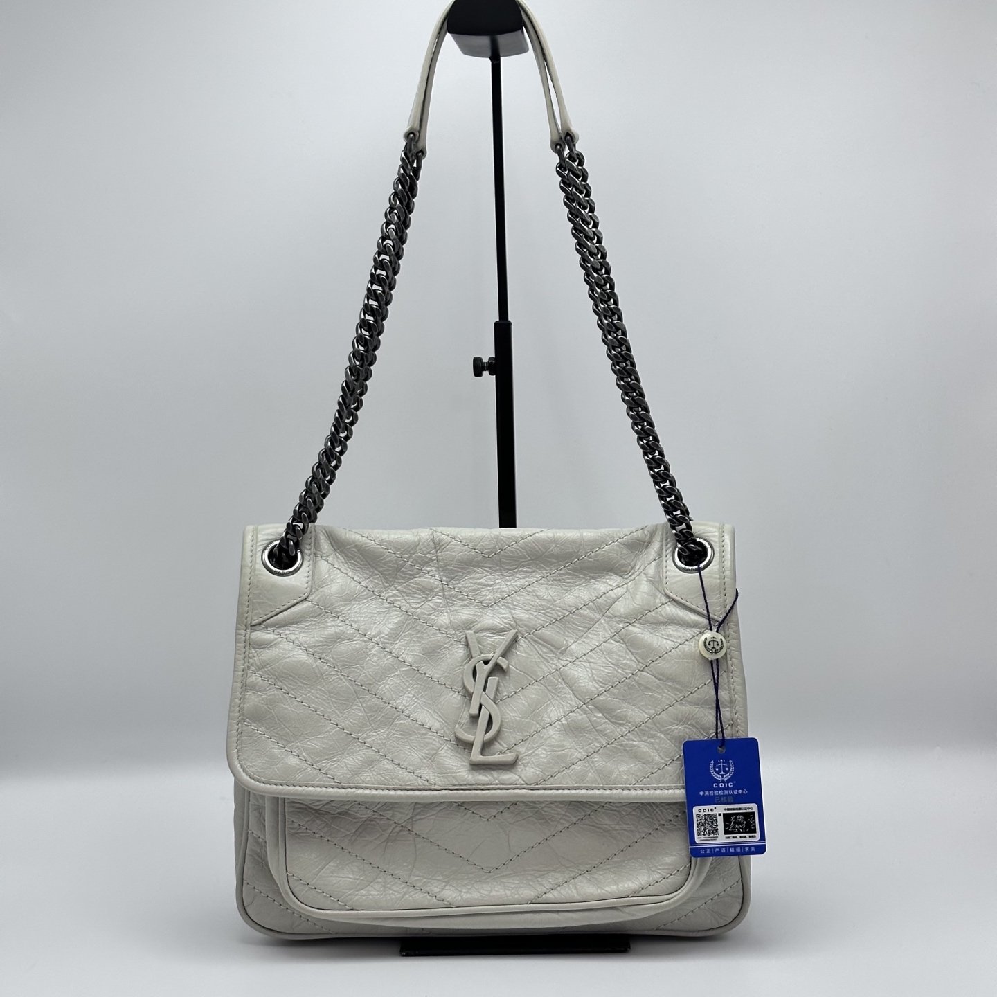 95新 YSL/圣罗兰 复古白niki中号D扣单肩斜挎链条包 02014