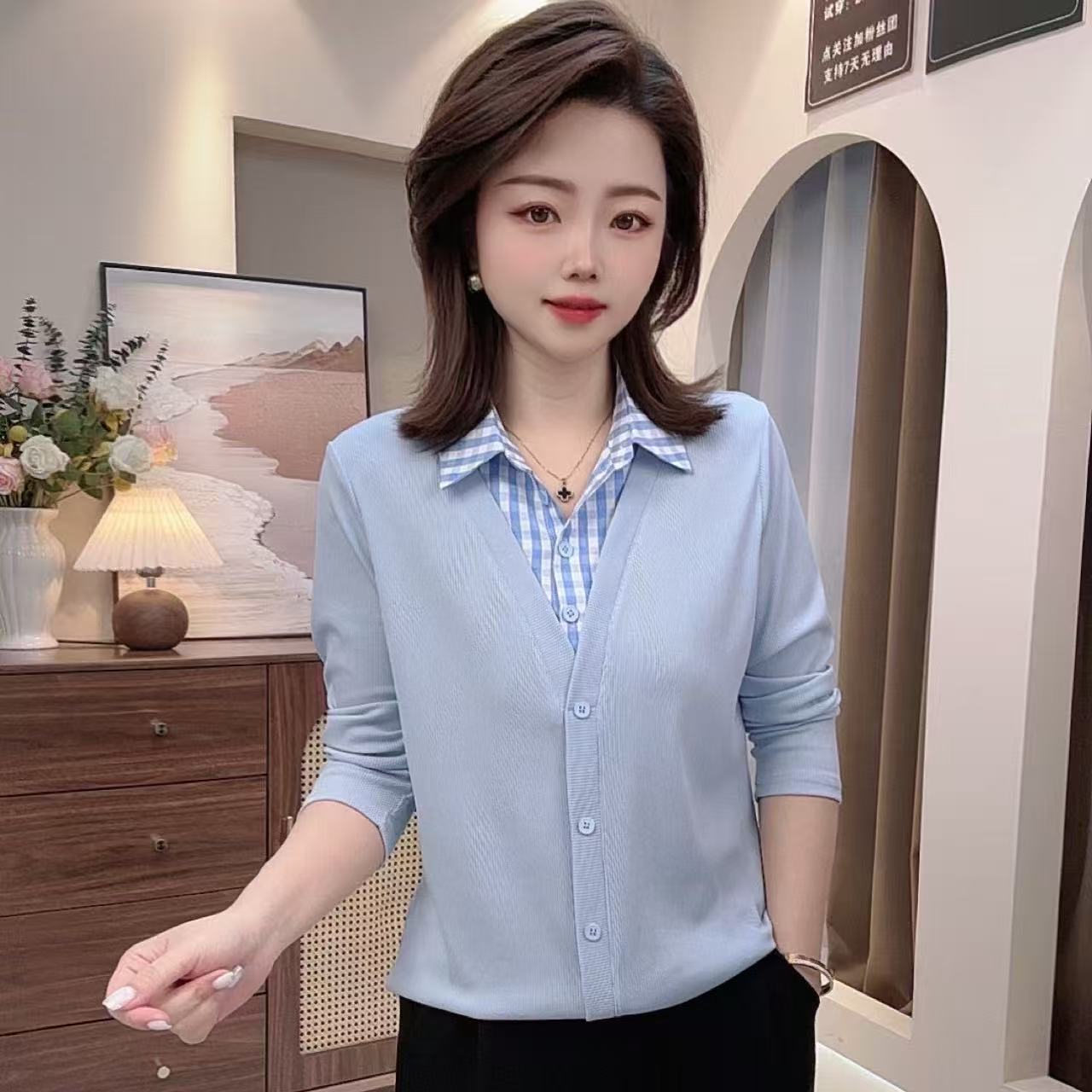 春秋新款拼接假两件格子领衬衣长袖显瘦减龄遮肉百搭温婉大方衣服