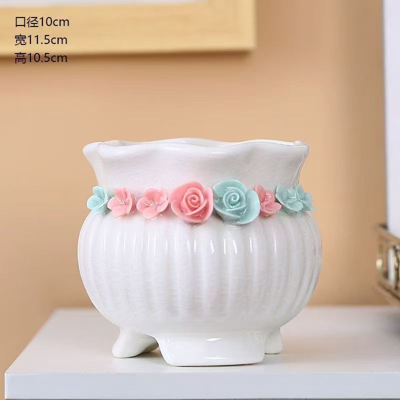 手工捏花陶瓷高档简约桌面多肉花盆Y83米白色冰裂釉竖条纹波浪口