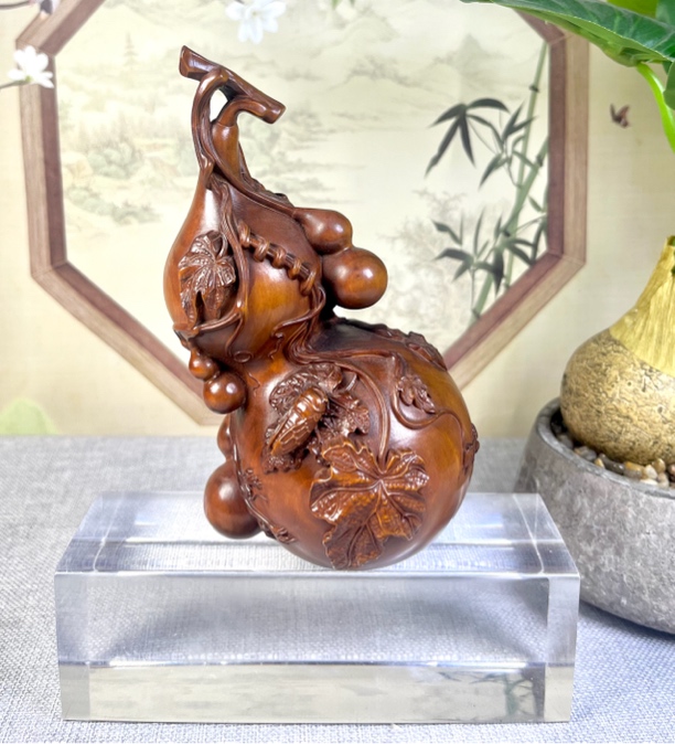 小叶黄杨木仿古做旧（一鸣惊人葫芦）摆件高度15口径9复古怀旧工艺