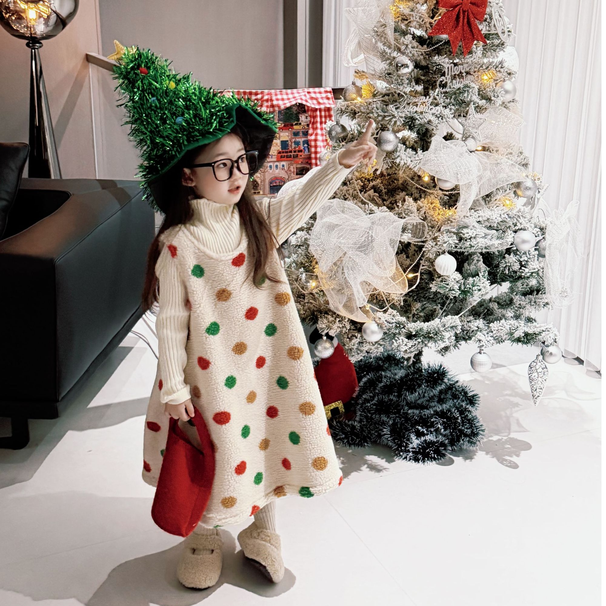 韩版童裙2025冬款女宝宝彩色圆点毛毛背心裙儿童无袖毛毛连衣裙