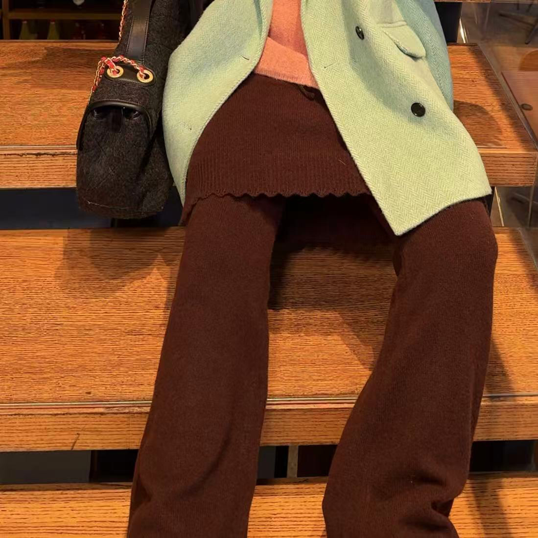 叠穿微喇花边羊毛长裤