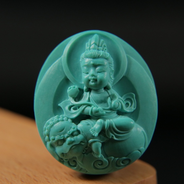 原矿绿松石文殊菩萨宝宝佛 尺寸26×30.3×13.3mm，重14.4g