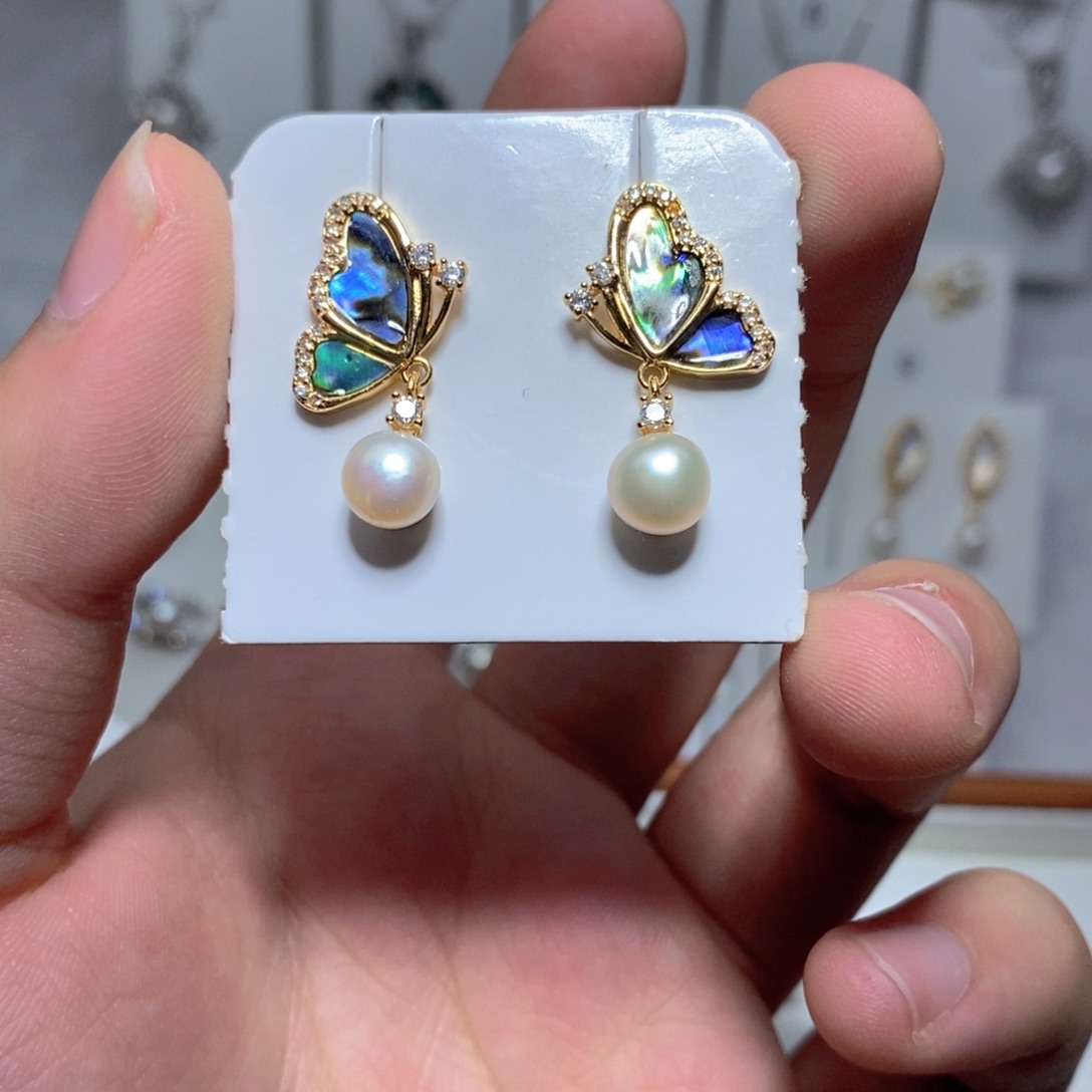 淡水珍珠银S925镶嵌耳饰