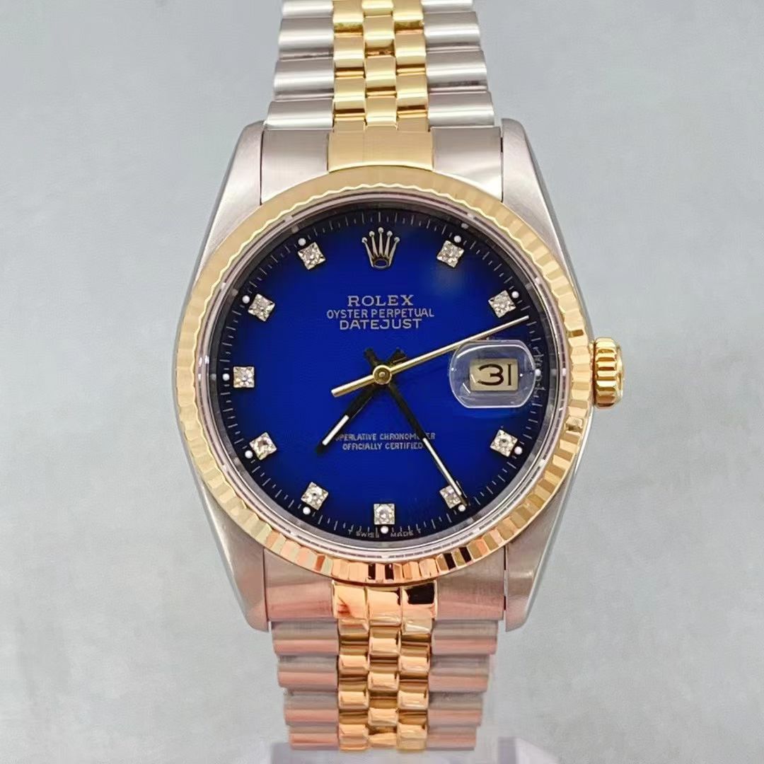 95新 Rolex/劳力士 日志型18K黄金/精钢渐变蓝原镶钻机械表16233