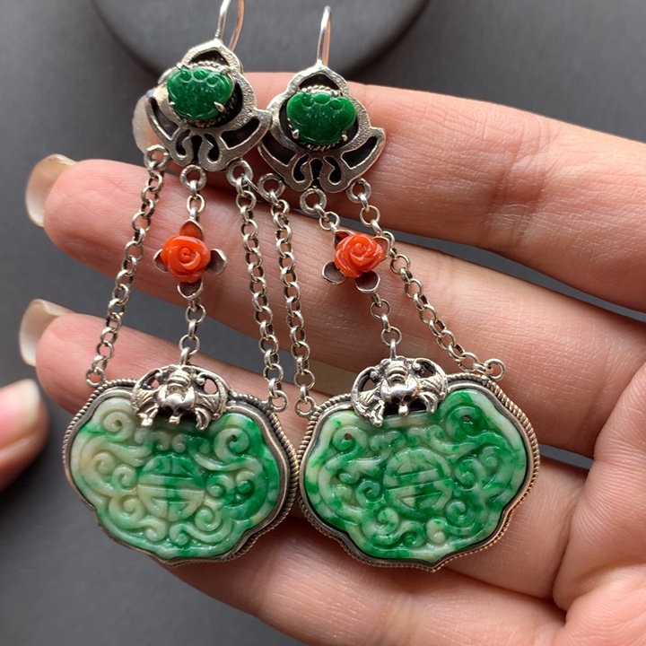 翡翠耳饰银S925镶嵌火***～