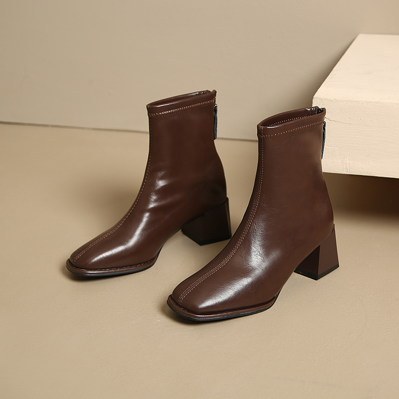法式小短靴女2025年新款春秋加绒方头显瘦粗跟棕色瘦瘦靴及踝洋气