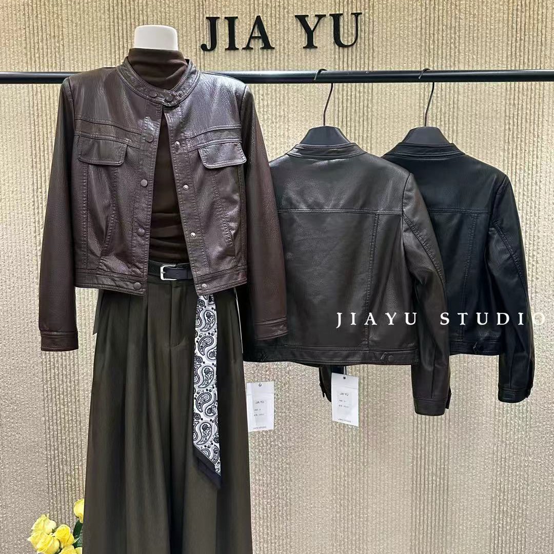 女装立领街头风短款短外套百搭圆领休闲皮衣长袖薄款