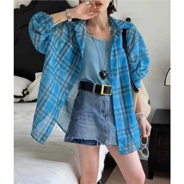 黄色格子polo领长袖衬衫外套女夏季设计感宽松衬衣中长款开衫上衣