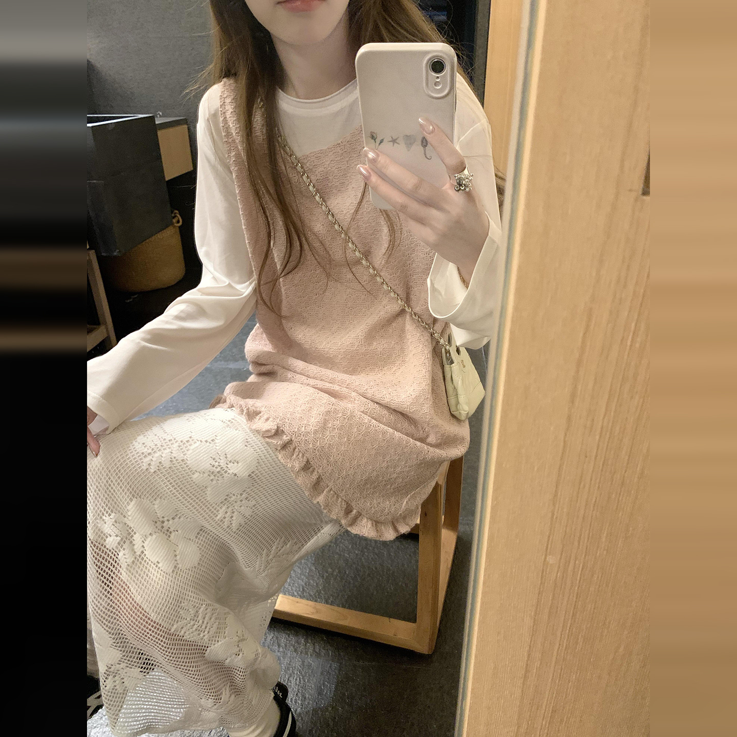 【现货+运补】法式粉色背心吊带连衣裙子女秋韩系早秋穿搭套装7453