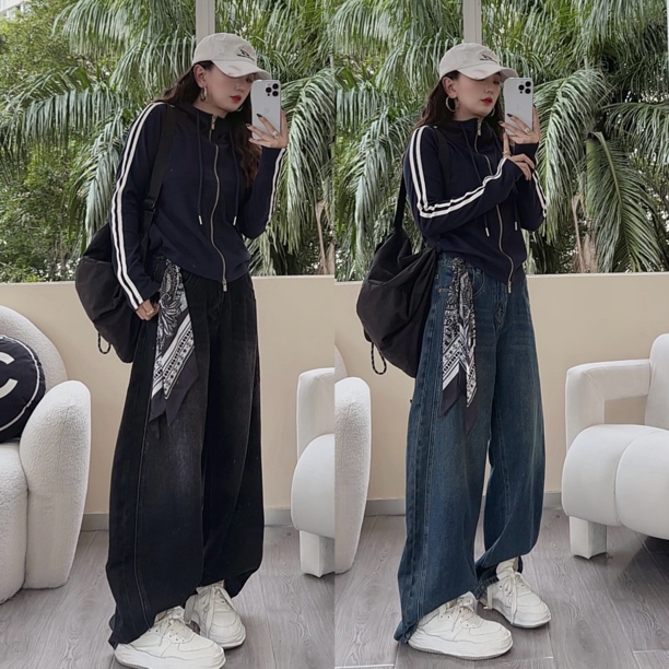 佟掌柜-腰果花堆堆裤 丝巾宽松高腰直筒阔腿显瘦百搭软牛仔裤5067