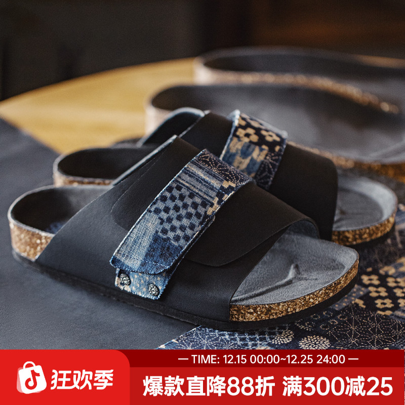 马登复古软木无跟拖鞋男士新款包头户外穿魔术贴休闲凉鞋一字凉拖