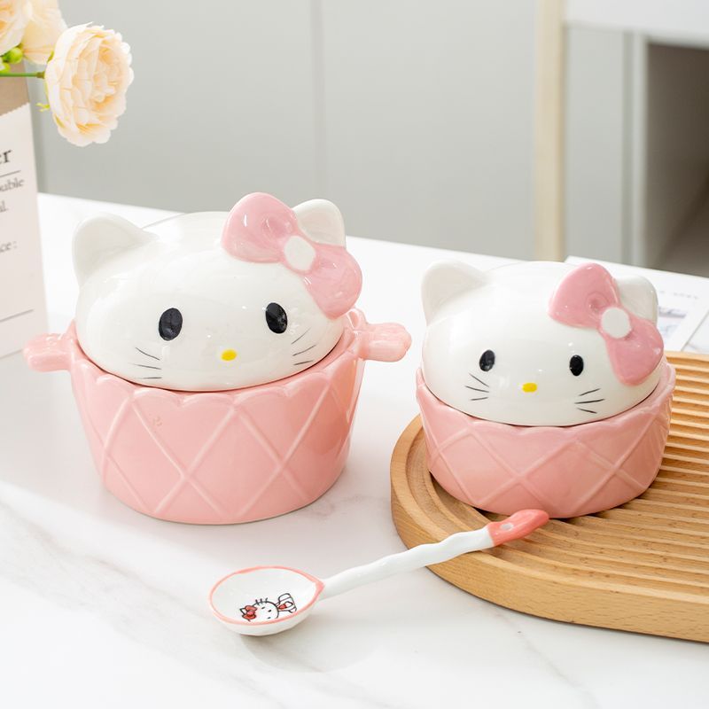 可爱凯蒂猫陶瓷泡面碗防烫有盖Hello Kitty餐具家用少女心大容量