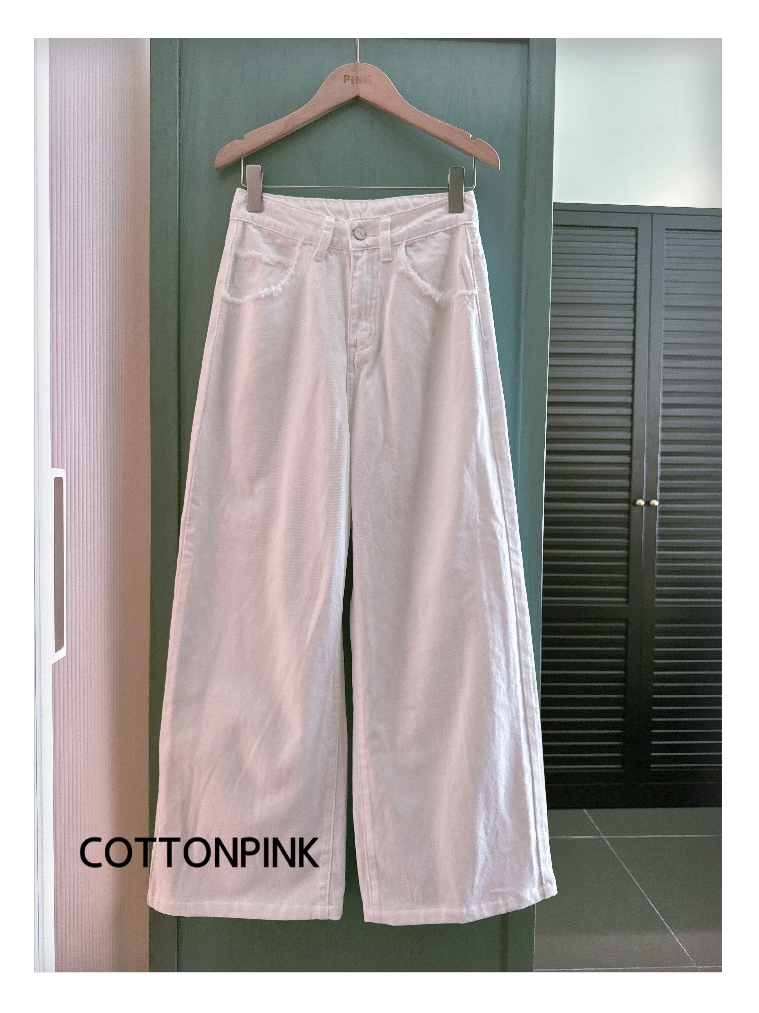 COTTON PINK女装毛边口袋休闲时尚百搭直筒牛仔裤女