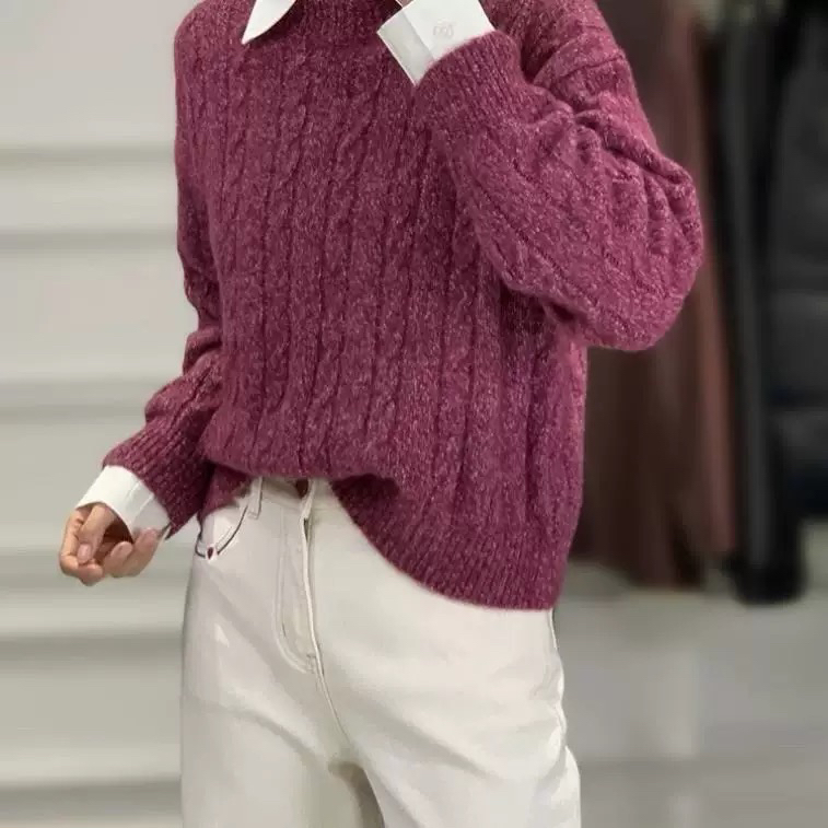 复古菱格麻花加厚圆领套头毛衣女8806冬季新款宽松简约针织衫上衣