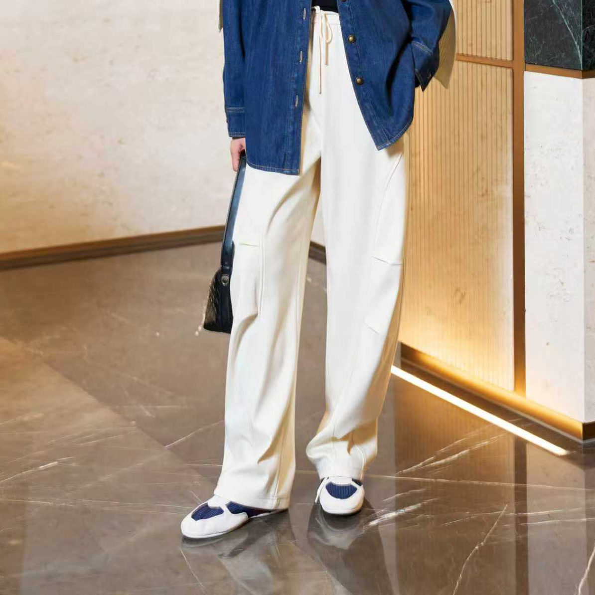 俪妍【LIVELY·YAN】冬季款休闲米白色裤子18061-71阔腿裤直筒宽松