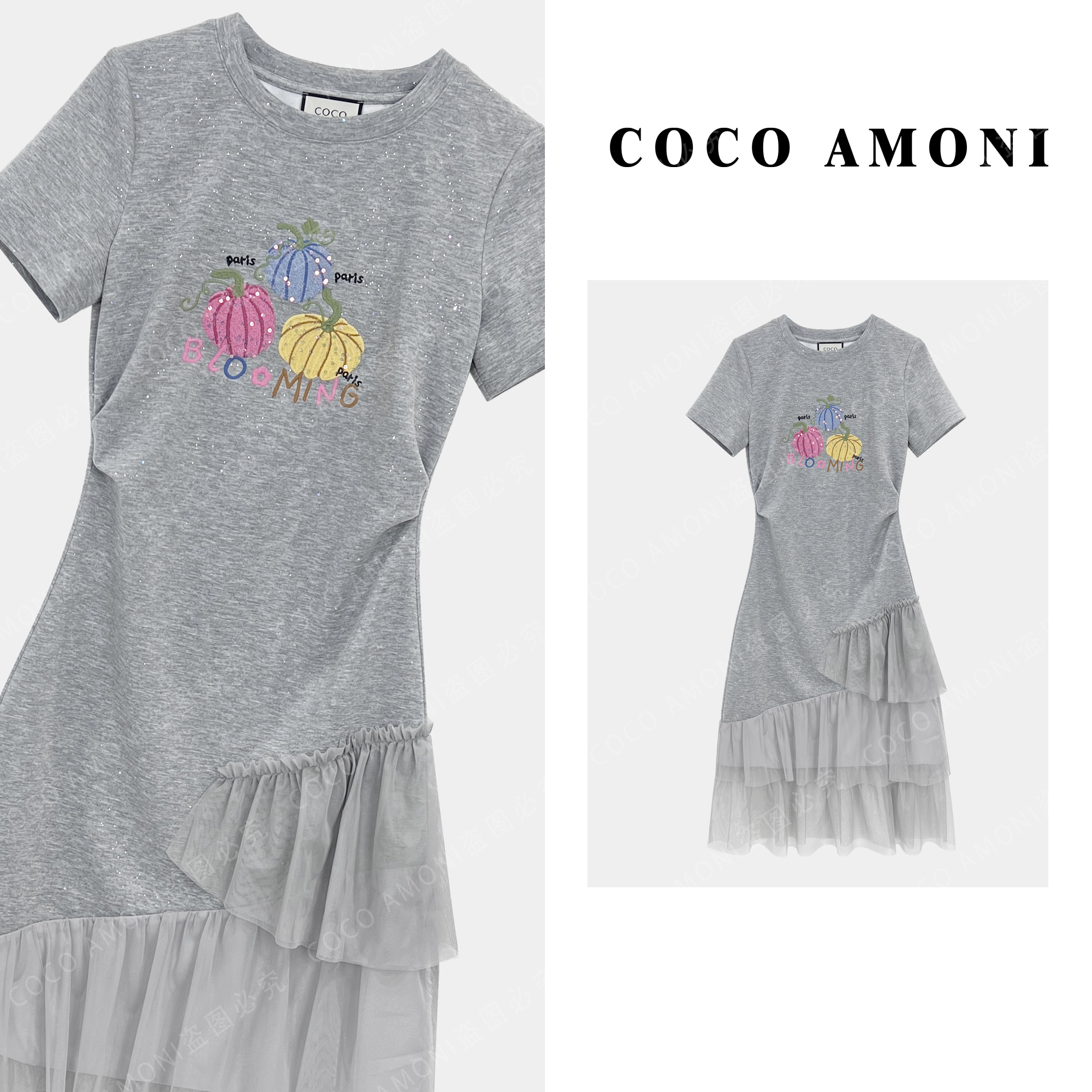 [曼姐]设计时尚女拼接重工刺绣南瓜收腰显瘦气质连衣裙AC357