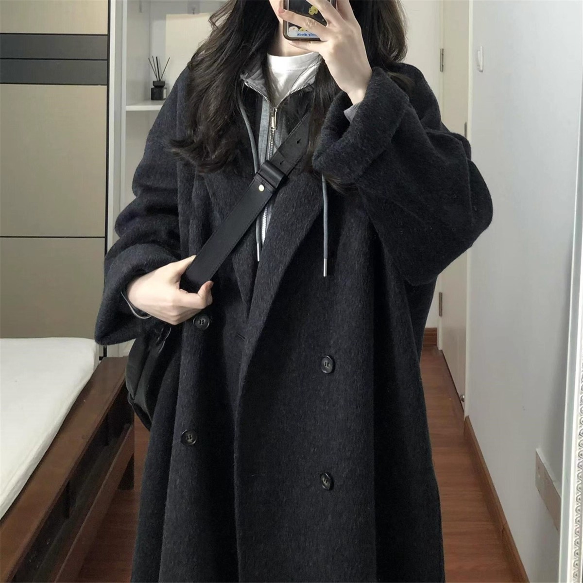 黑色双面羊绒大衣女中长款2025秋冬爆款韩系赫本风加厚羊毛呢外套