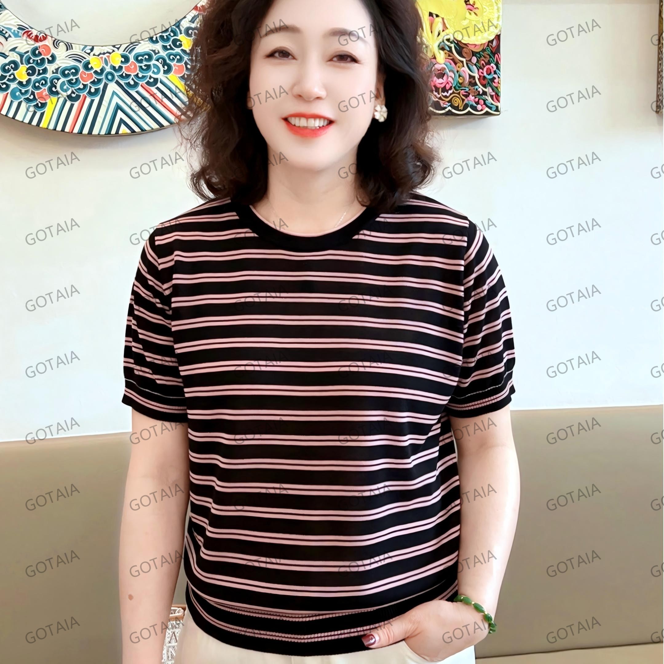 【清爽透气】夏季圆领条纹短袖（2565）100%莱赛尔天丝大码女装宽松