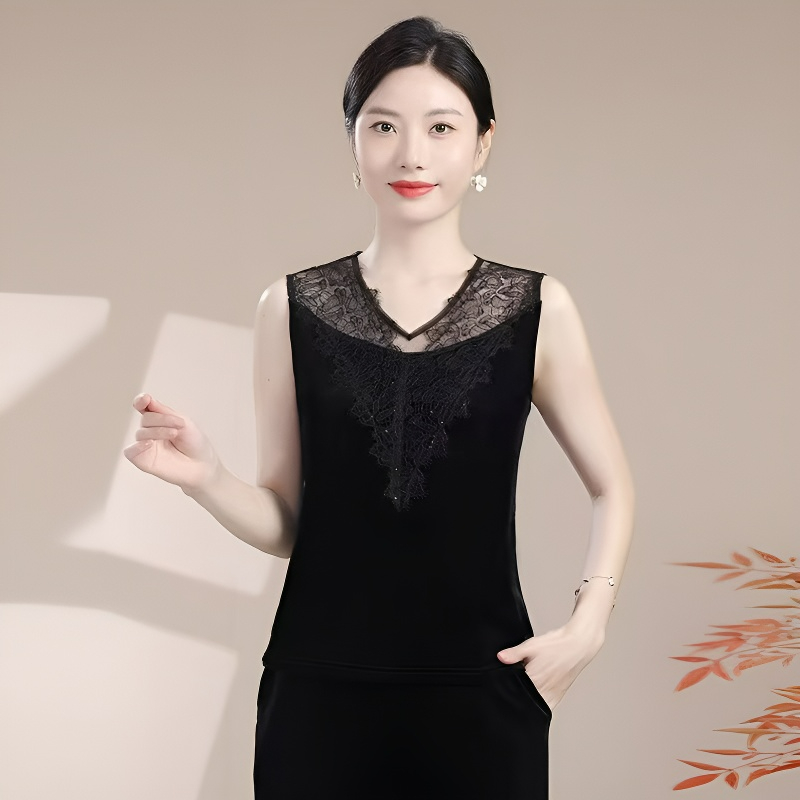 2025新款时尚百搭蕾丝丝绒V领背心女通勤舒适修身内搭无袖