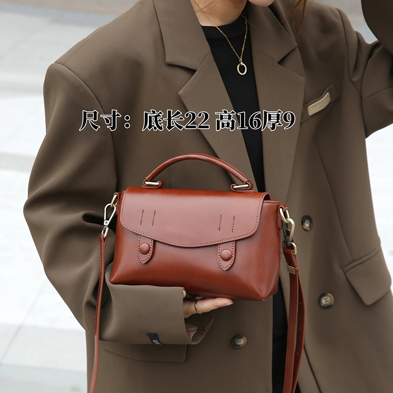 新款头层牛皮手提包时尚复古真皮女包潮流单肩包包小方包百搭小众