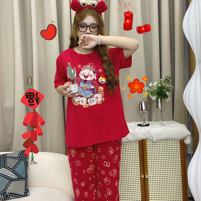 韩版喜庆红色睡衣女大码财神玩偶短袖新年本命年家居服套装宽松