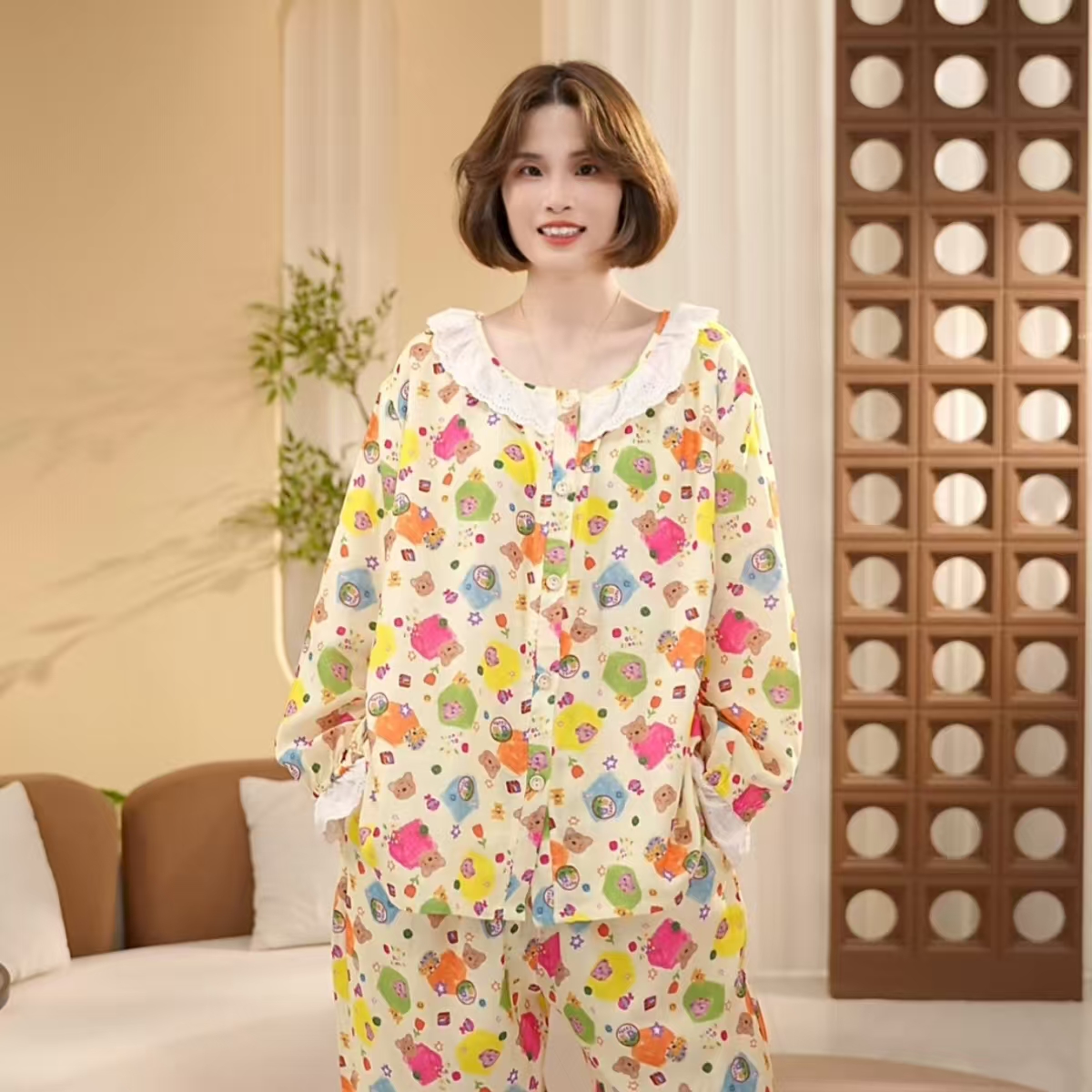 芙蓉世家【糖果小熊】秋季新品纯棉100舒适家居服可外穿