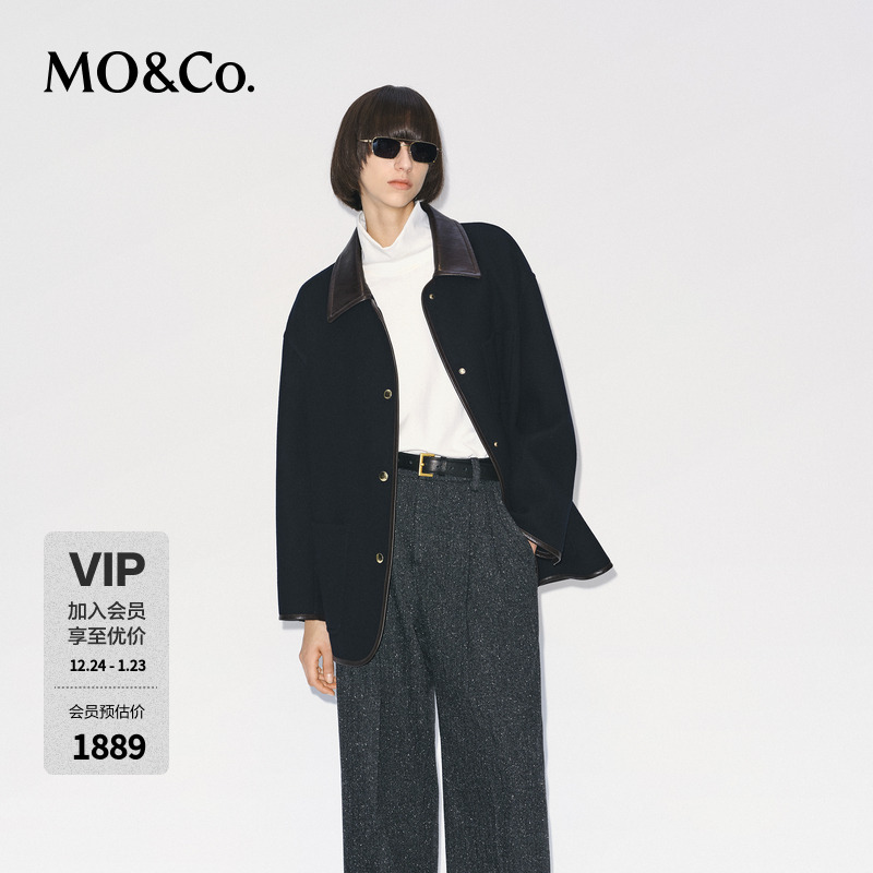 MOCO毛呢外套2025冬新品绵羊毛双面呢复古素皮拼接黑色MBE4COT062