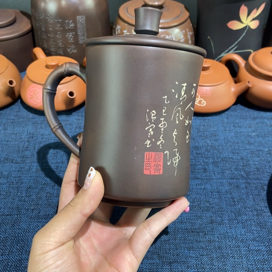 6微瑕建水紫陶手工彩填办工杯500c