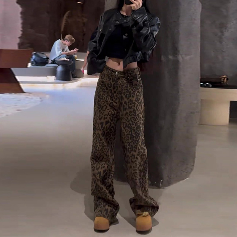 美式复古豹纹牛仔裤女2025年秋季新款高腰直筒显瘦百搭窄版阔腿裤