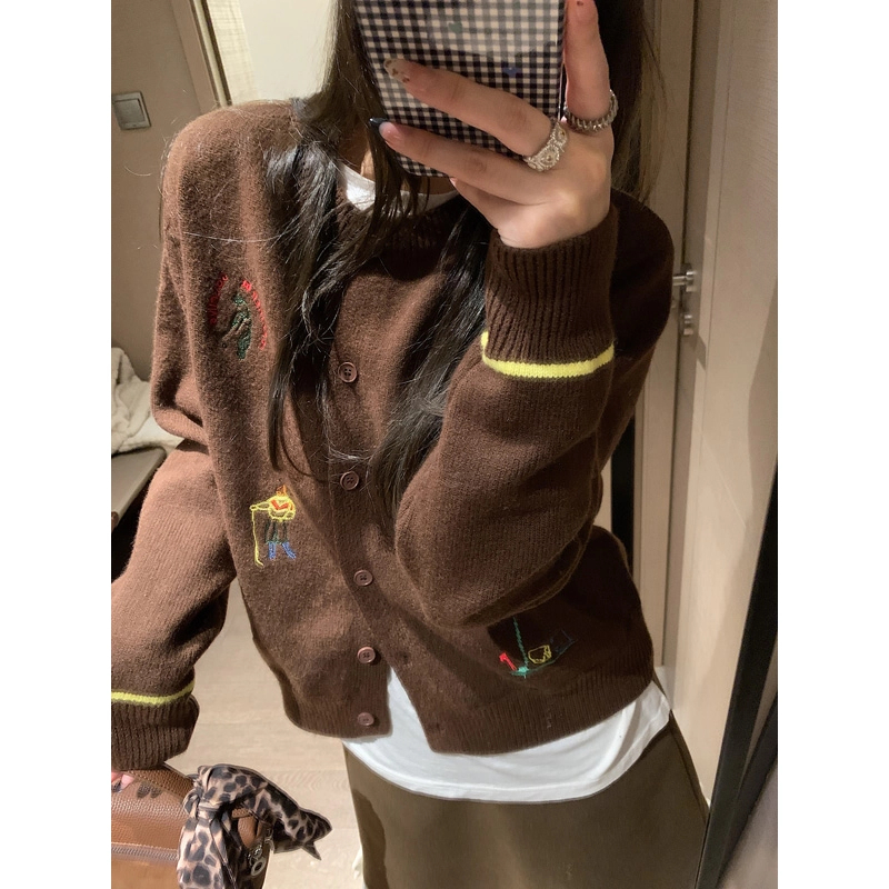 韩版气质撞色刺绣圆领针织衫开衫毛衣外套女打底叠穿上衣小香风
