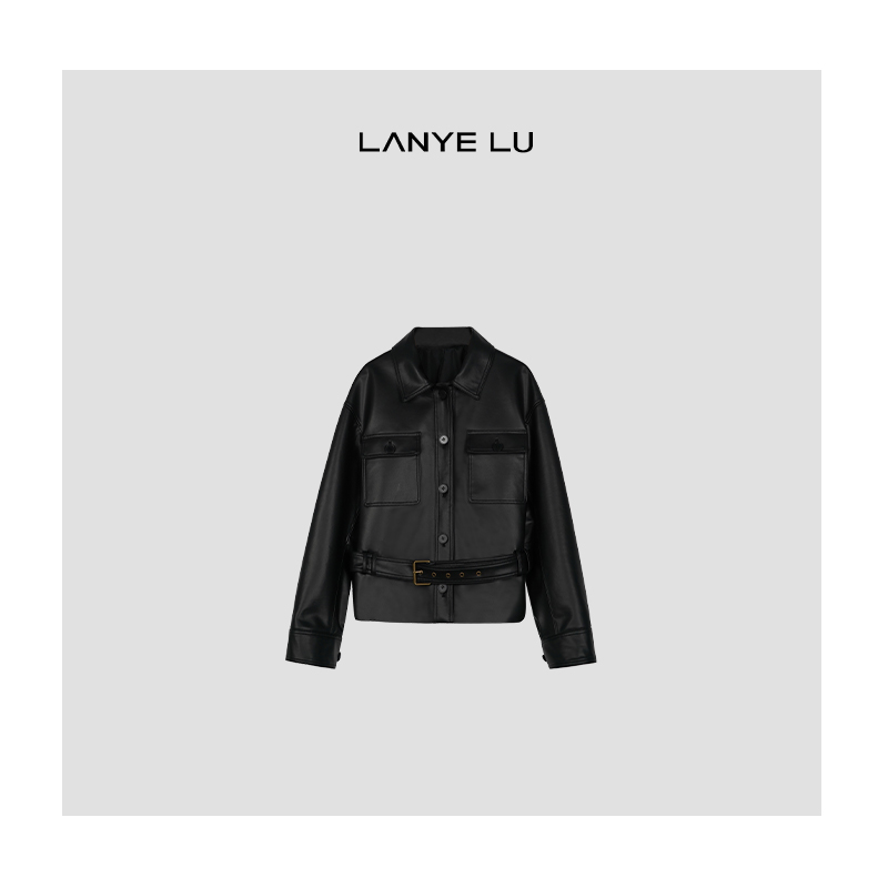 【LANYE LU】春款上新 极简港风翻领百搭长袖短款真皮绵羊毛皮衣