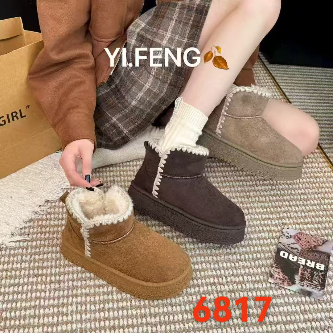 冬季新款翻毛皮厚底雪地靴女加绒保暖短靴皮带扣百搭棉鞋6817