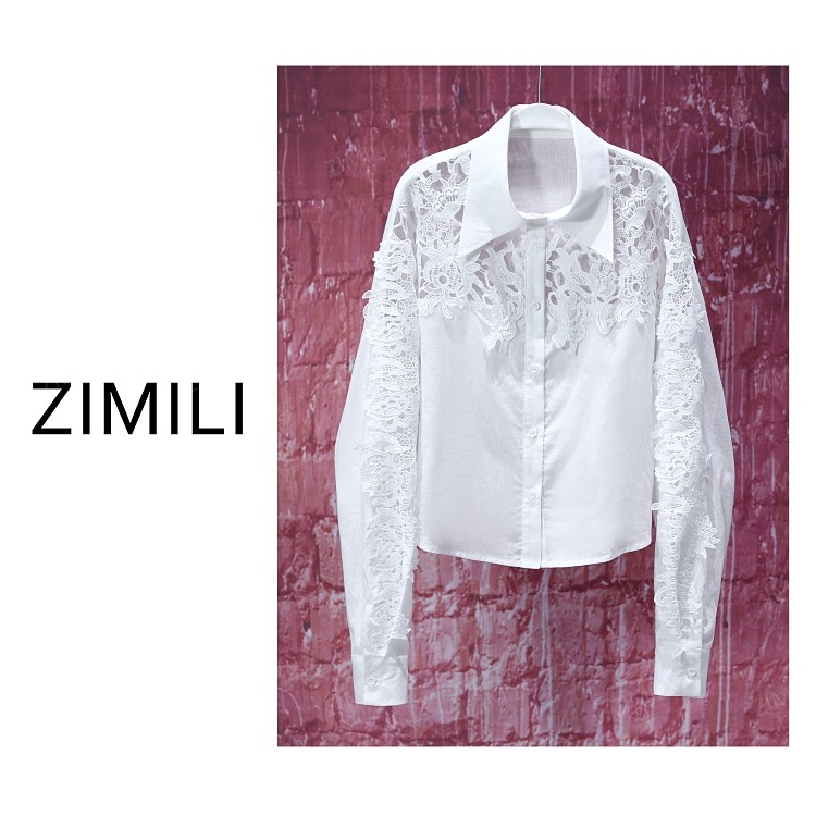 【亮哥女装】2025夏轻薄透气象牙白拼接勾花蕾丝时尚休闲衬衫9652