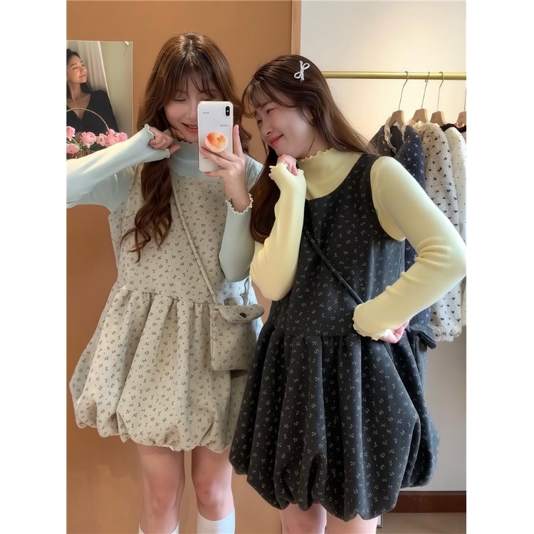 秋季韩版碎花背心裙叠穿木耳边半高领针织打底衫送包包三件套女潮