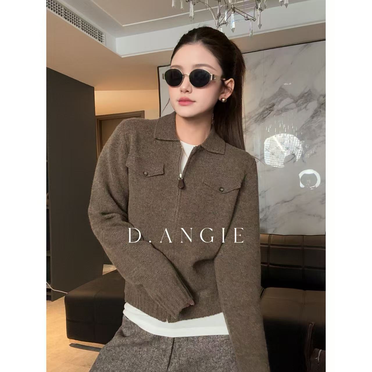 D.Angie【康赛妮条感织物开衫】意奢手工缝制100%羊毛针织衫XMAQ276