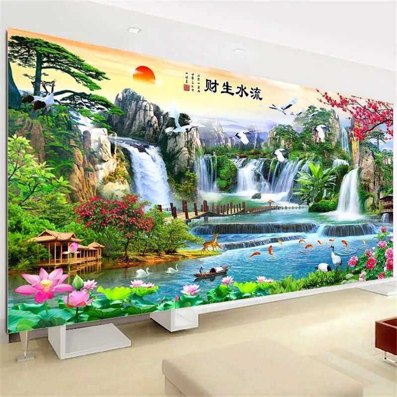 纯手工十字绣成品流水生财迎客松聚宝盆新款客厅风景山水画3米