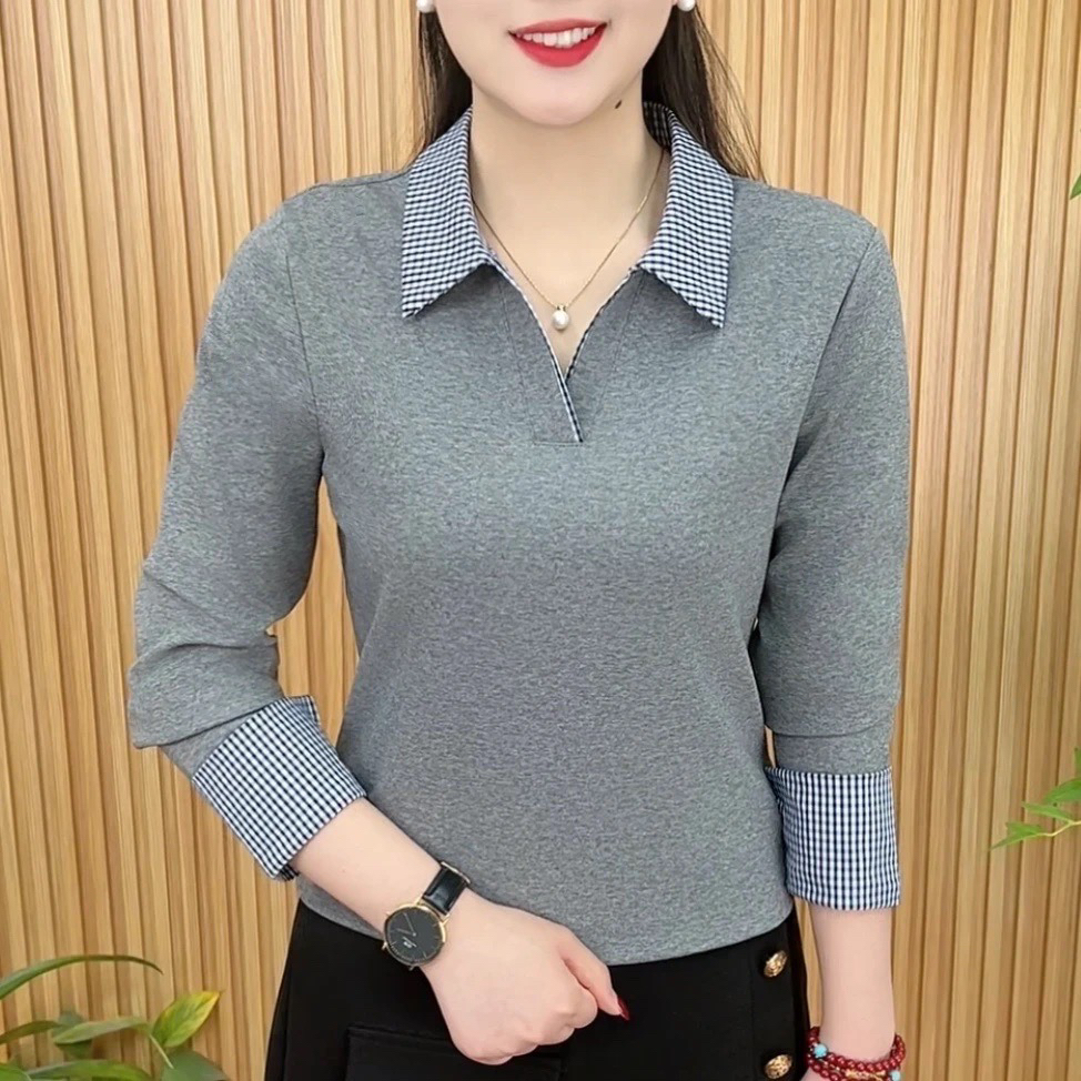 时尚洋气t恤女士简约翻领长袖刺绣显瘦春秋季polo衫中年妈妈上衣