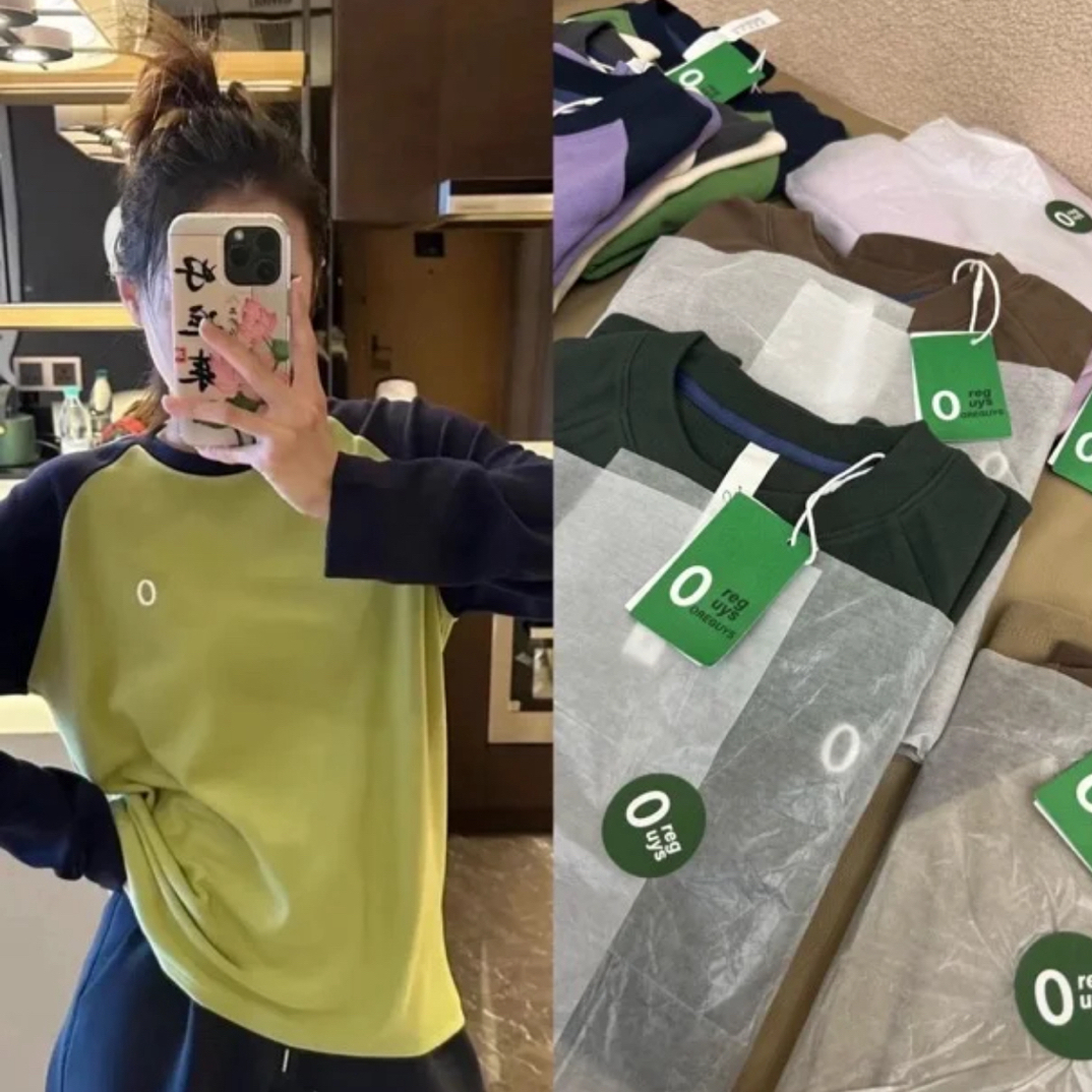 冬季情侣拼色磨毛刺绣保暖长袖t恤