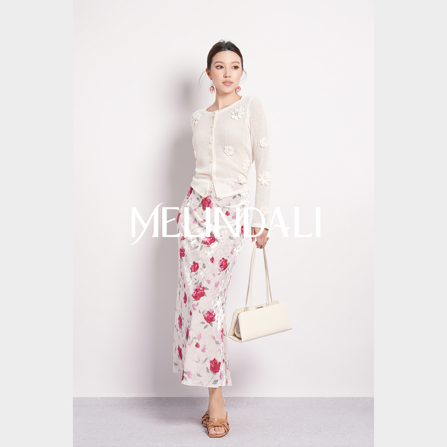 Melinda Li【白雪玫瑰】优雅气质弹力丝绒橡筋腰玫瑰印花修身半身裙